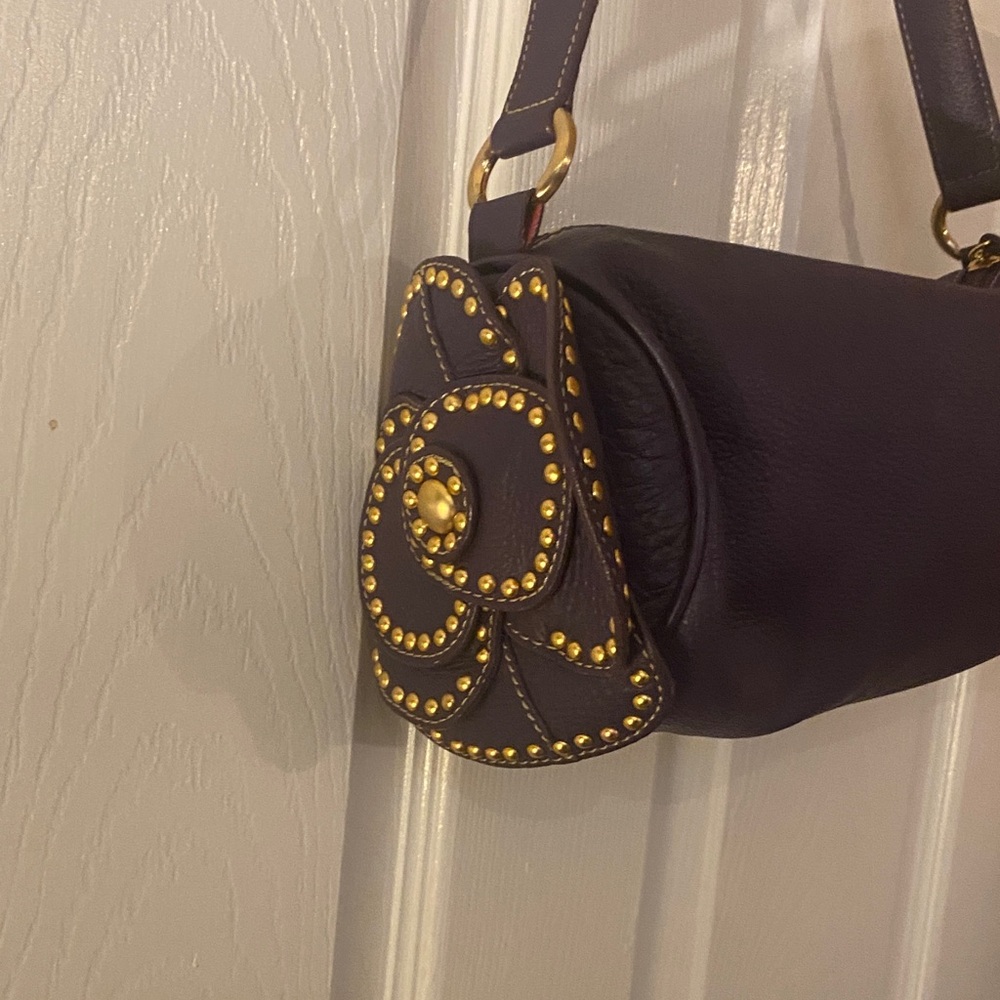 Leather Shoulder Bag with Gold Stud Flower Accent - Navy - Picture 5 of 5
